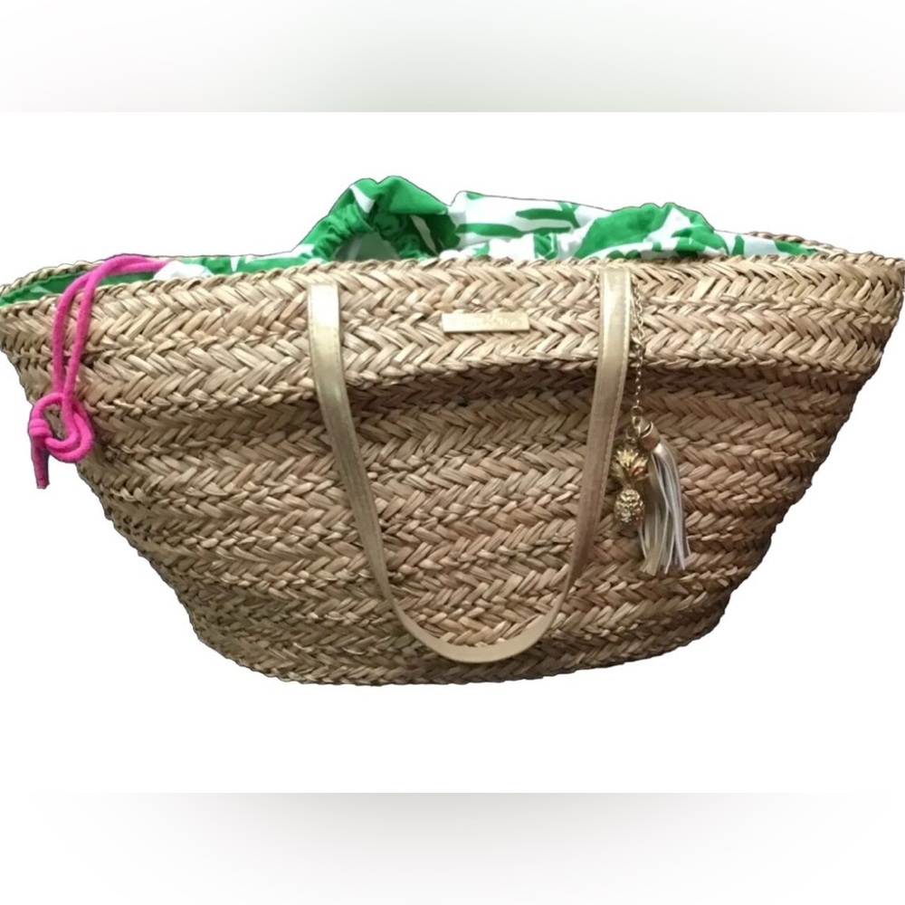 Lilly Pulitzer Tan Woven Tote with Green and Pink Accents